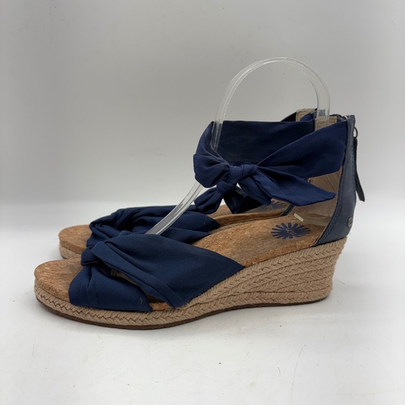 UGG Trina Navy Blue Espadrille Wedge Sandals Knotted Ankle Tie 1011181 Womens 7 - Picture 2 of 10